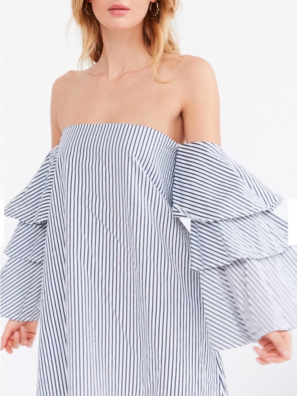 Faithfull the Brand Blue & White Striped Off-Shoulder Ruffled Mini Dress